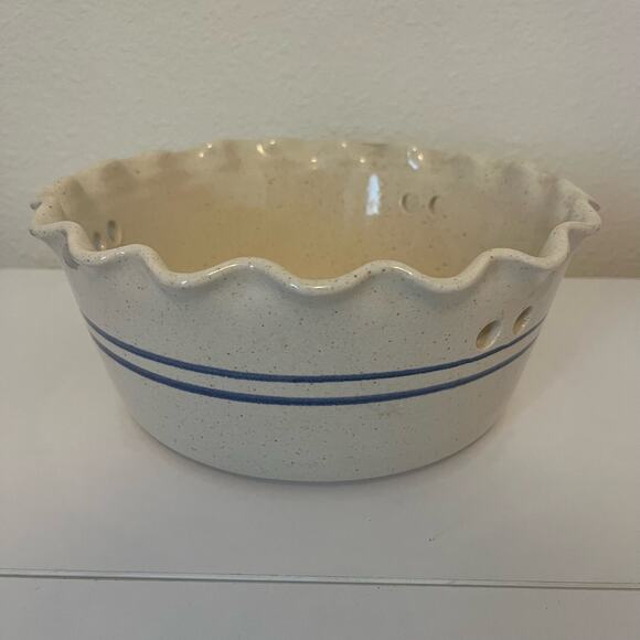 VTG Clay Pen Pottery Bread Warming Bowl Scalloped Double Blue Line Made in USA - Picture 1 of 6